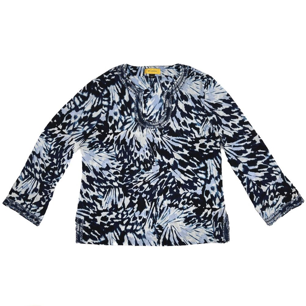 St. John Vintage Silk Split-Neck Blue Crystals Animal Print‎ Blouse Size L - Picture 2 of 10